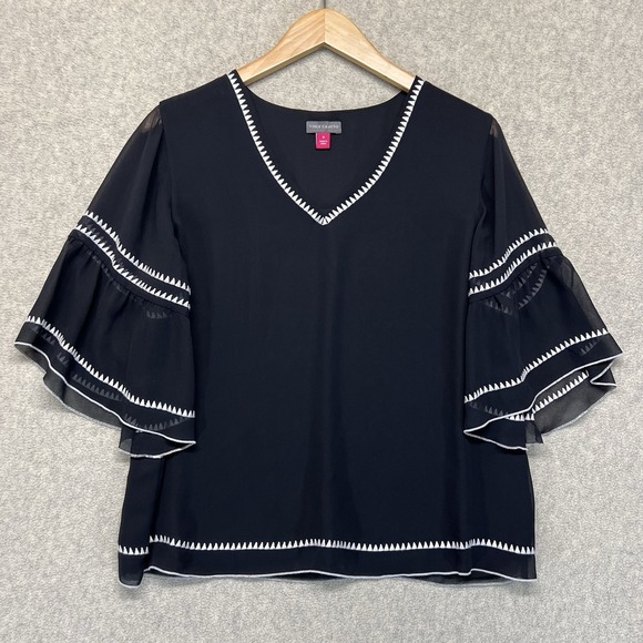 Vince Camuto Tops - Vince Camuto Women's Black Bell Sleeve Blouse White Trim V Neck Size M